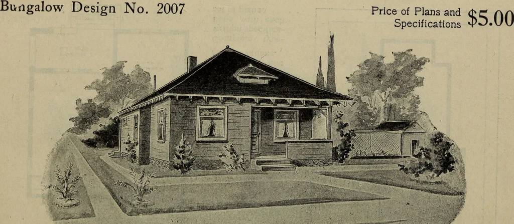 An illustration from Practical bungalows and cottages for town and country, perspective views and floor plans for three hundred low and medium priced houses and bungalows .., 1916, leaf 271