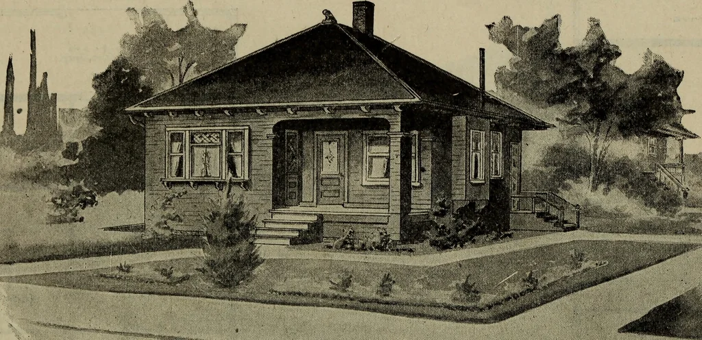 An illustration from Practical bungalows and cottages for town and country, perspective views and floor plans for three hundred low and medium priced houses and bungalows .., 1916, leaf 275