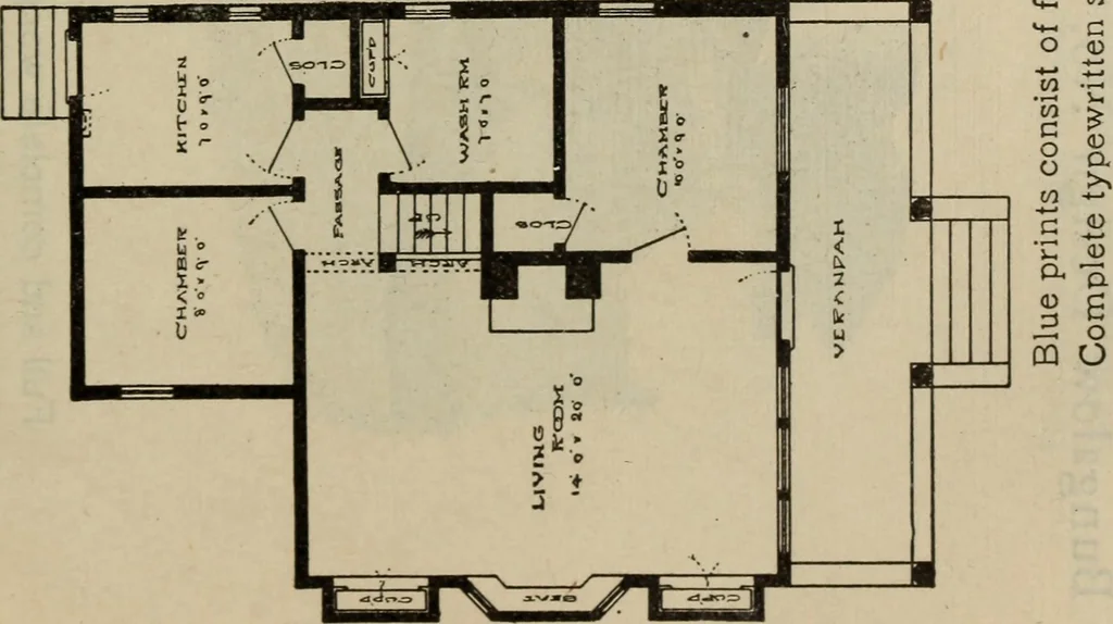 An illustration from Practical bungalows and cottages for town and country, perspective views and floor plans for three hundred low and medium priced houses and bungalows .., 1916, leaf 278