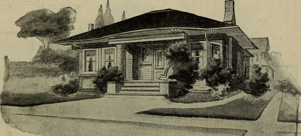 An illustration from Practical bungalows and cottages for town and country, perspective views and floor plans for three hundred low and medium priced houses and bungalows .., 1916, leaf 279