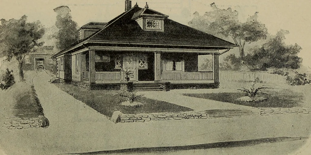 An illustration from Practical bungalows and cottages for town and country, perspective views and floor plans for three hundred low and medium priced houses and bungalows .., 1916, leaf 281