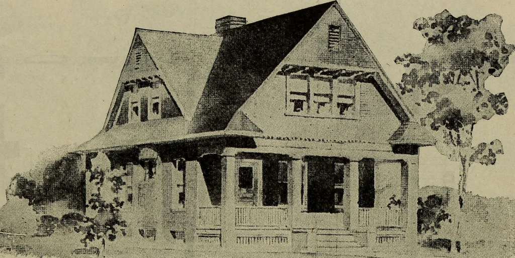 An illustration from Practical bungalows and cottages for town and country, perspective views and floor plans for three hundred low and medium priced houses and bungalows .., 1916, leaf 283