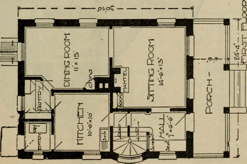 An illustration from Practical bungalows and cottages for town and country, perspective views and floor plans for three hundred low and medium priced houses and bungalows .., 1916, leaf 284
