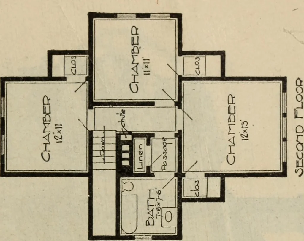An illustration from Practical bungalows and cottages for town and country, perspective views and floor plans for three hundred low and medium priced houses and bungalows .., 1916, leaf 286