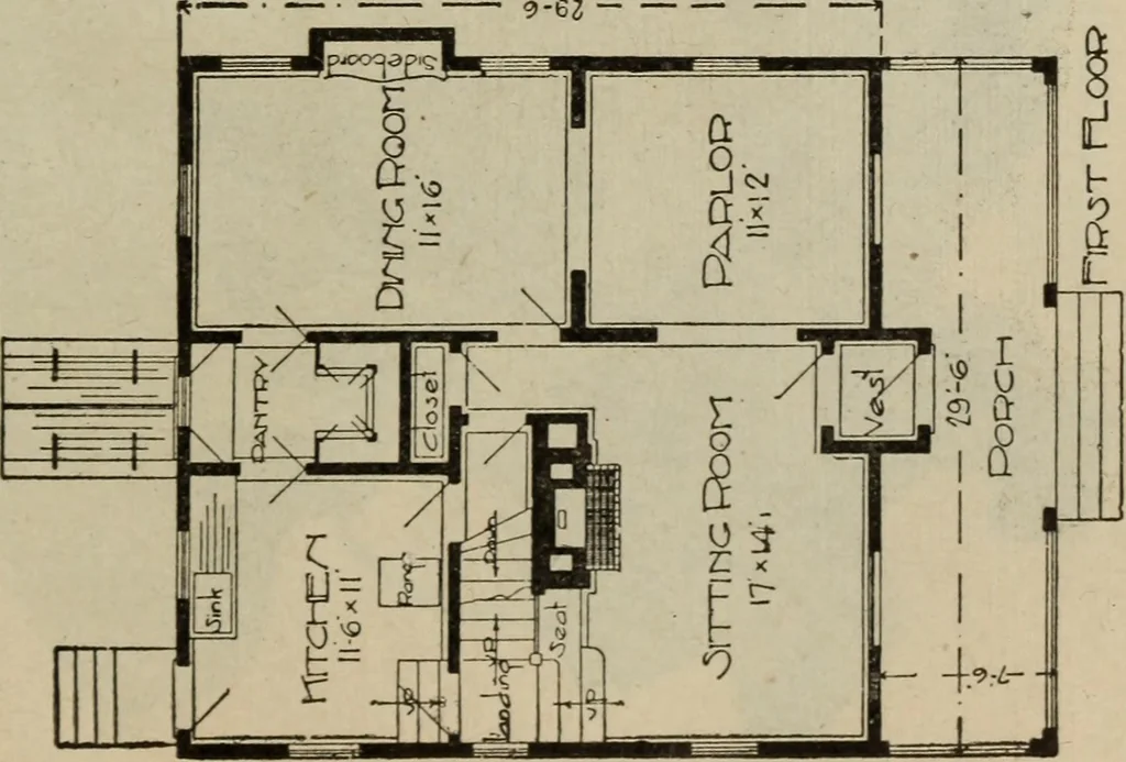 An illustration from Practical bungalows and cottages for town and country, perspective views and floor plans for three hundred low and medium priced houses and bungalows .., 1916, leaf 286
