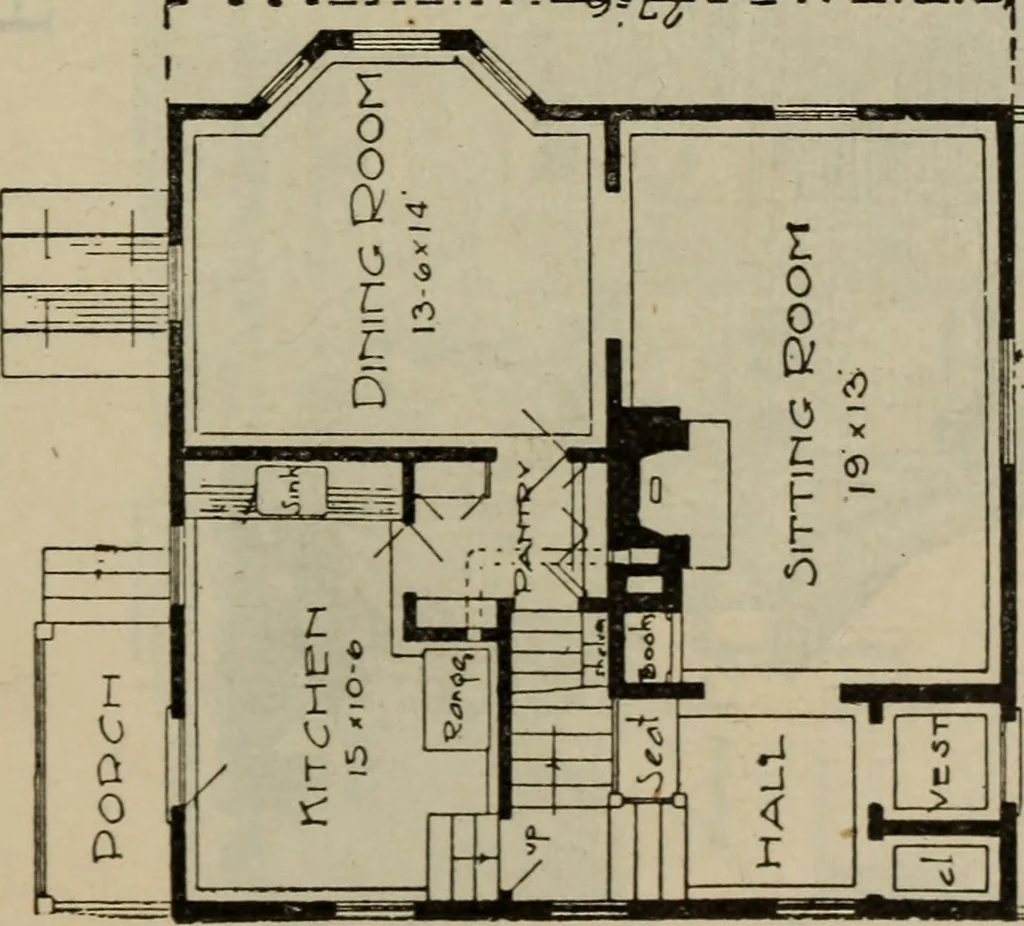 An illustration from Practical bungalows and cottages for town and country, perspective views and floor plans for three hundred low and medium priced houses and bungalows .., 1916, leaf 292