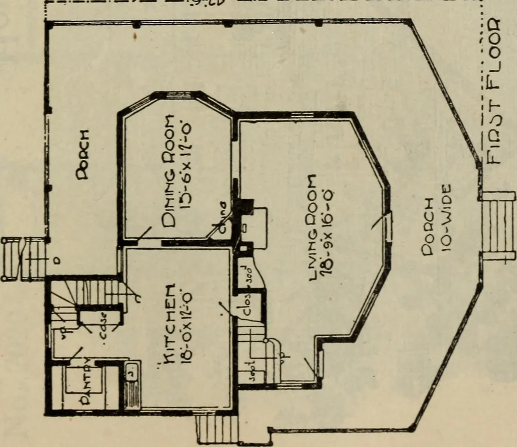 An illustration from Practical bungalows and cottages for town and country, perspective views and floor plans for three hundred low and medium priced houses and bungalows .., 1916, leaf 296