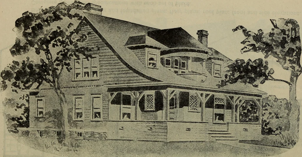 An illustration from Practical bungalows and cottages for town and country, perspective views and floor plans for three hundred low and medium priced houses and bungalows .., 1916, leaf 297