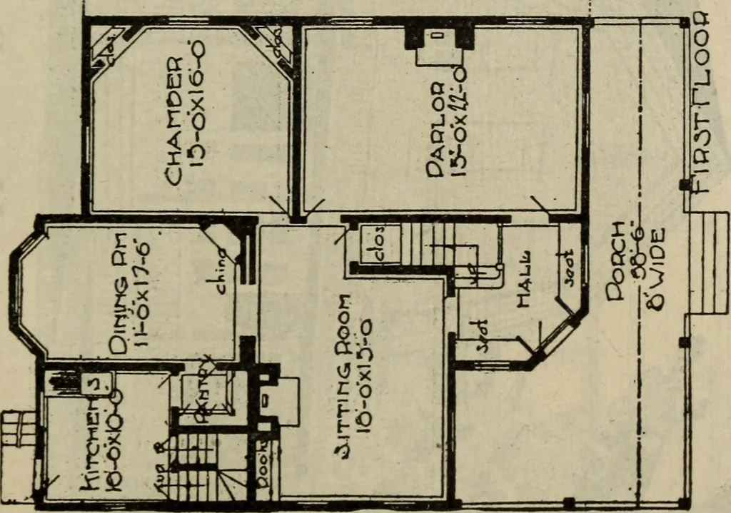 An illustration from Practical bungalows and cottages for town and country, perspective views and floor plans for three hundred low and medium priced houses and bungalows .., 1916, leaf 298