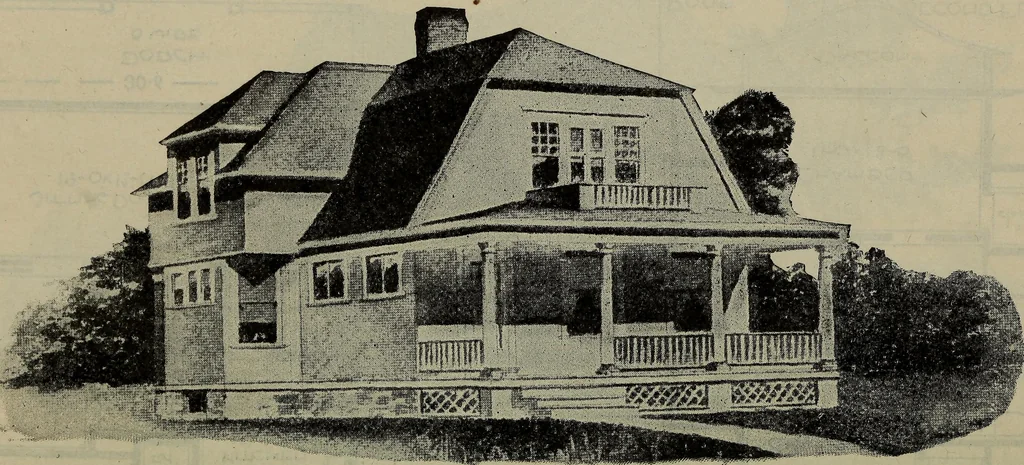 An illustration from Practical bungalows and cottages for town and country, perspective views and floor plans for three hundred low and medium priced houses and bungalows .., 1916, leaf 303