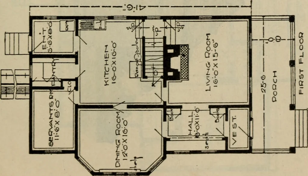 An illustration from Practical bungalows and cottages for town and country, perspective views and floor plans for three hundred low and medium priced houses and bungalows .., 1916, leaf 304