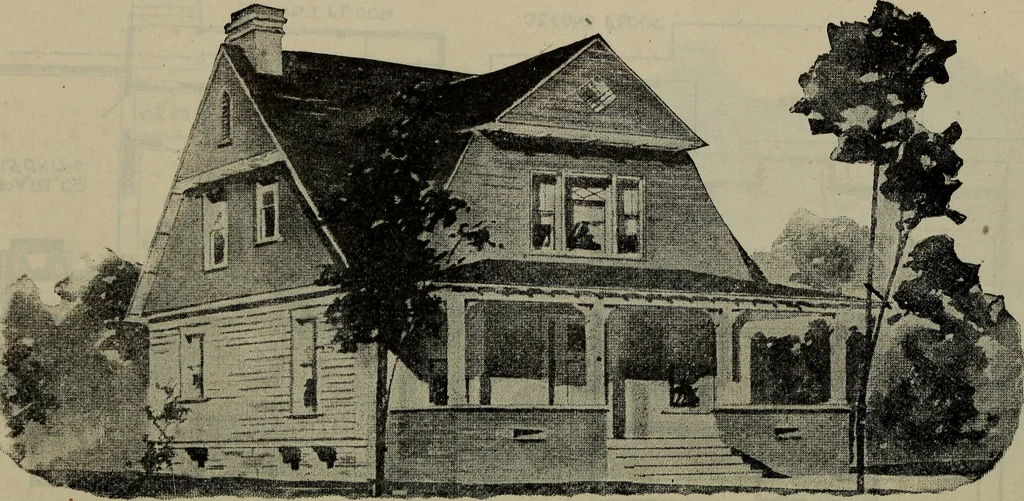 An illustration from Practical bungalows and cottages for town and country, perspective views and floor plans for three hundred low and medium priced houses and bungalows .., 1916, leaf 307