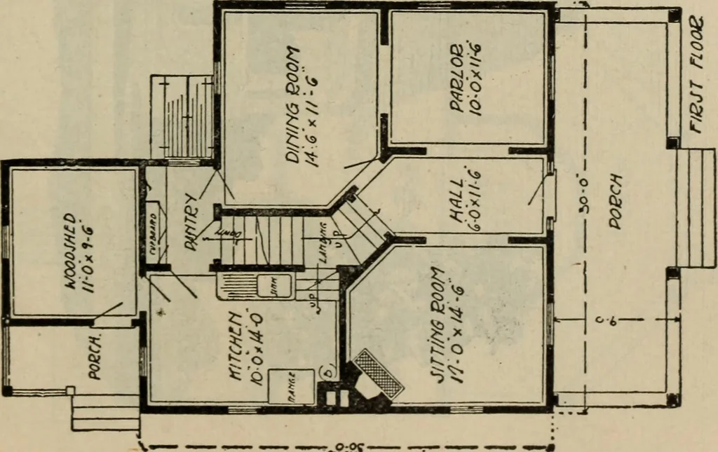 An illustration from Practical bungalows and cottages for town and country, perspective views and floor plans for three hundred low and medium priced houses and bungalows .., 1916, leaf 308