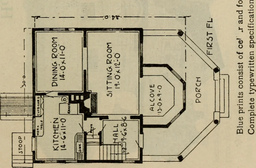 An illustration from Practical bungalows and cottages for town and country, perspective views and floor plans for three hundred low and medium priced houses and bungalows .., 1916, leaf 310