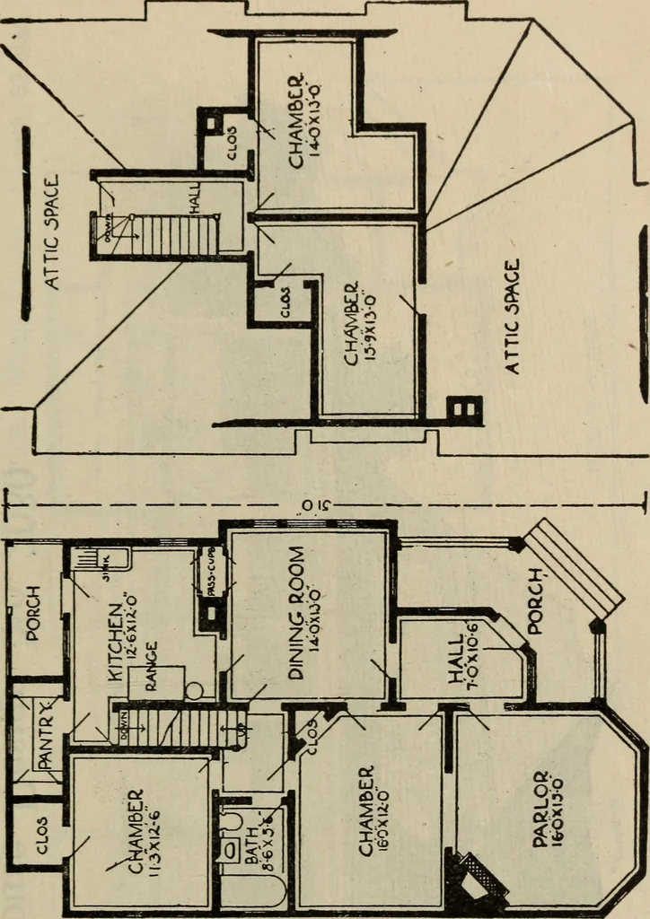 An illustration from Practical bungalows and cottages for town and country, perspective views and floor plans for three hundred low and medium priced houses and bungalows .., 1916, leaf 312