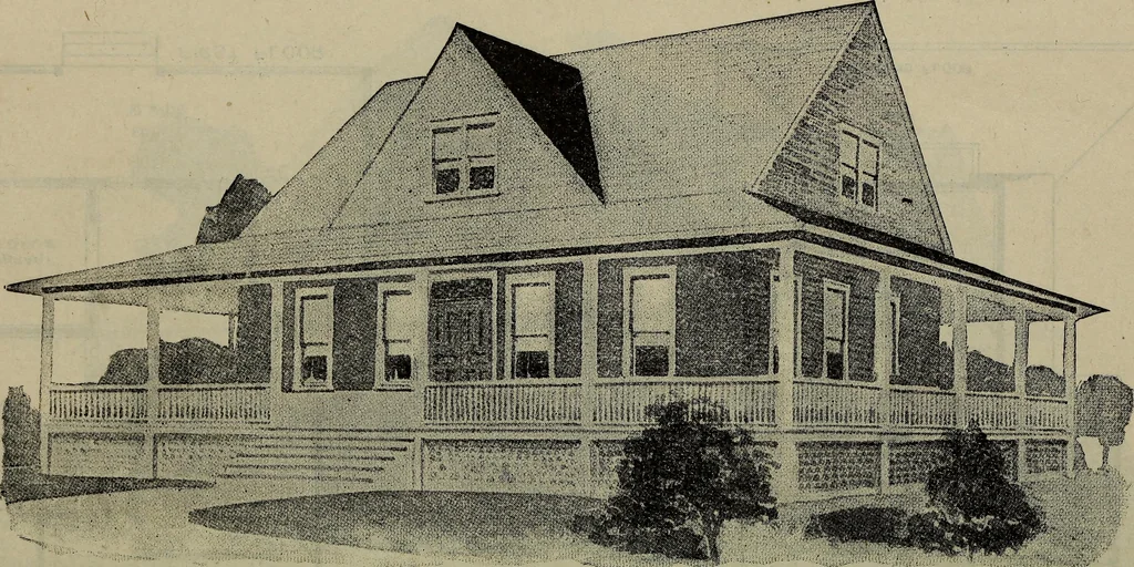 An illustration from Practical bungalows and cottages for town and country, perspective views and floor plans for three hundred low and medium priced houses and bungalows .., 1916, leaf 317