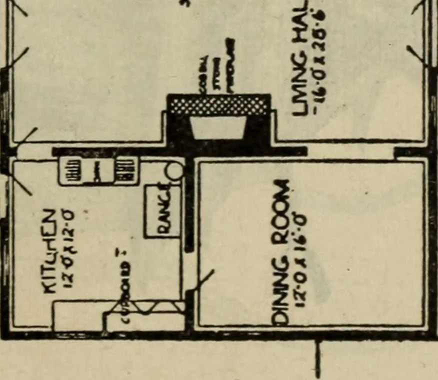 An illustration from Practical bungalows and cottages for town and country, perspective views and floor plans for three hundred low and medium priced houses and bungalows .., 1916, leaf 318