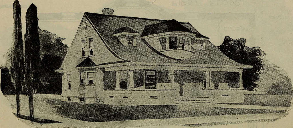 An illustration from Practical bungalows and cottages for town and country, perspective views and floor plans for three hundred low and medium priced houses and bungalows .., 1916, leaf 327