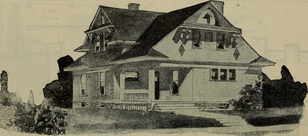 An illustration from Practical bungalows and cottages for town and country, perspective views and floor plans for three hundred low and medium priced houses and bungalows .., 1916, leaf 329