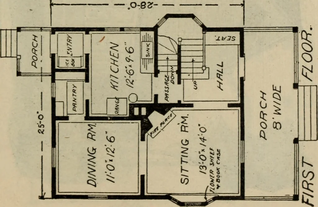 An illustration from Practical bungalows and cottages for town and country, perspective views and floor plans for three hundred low and medium priced houses and bungalows .., 1916, leaf 334