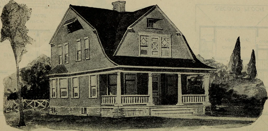 An illustration from Practical bungalows and cottages for town and country, perspective views and floor plans for three hundred low and medium priced houses and bungalows .., 1916, leaf 335