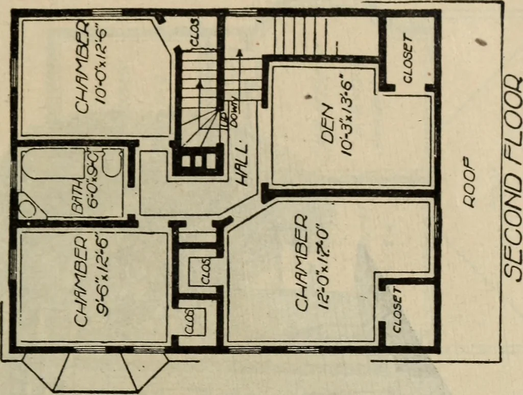 An illustration from Practical bungalows and cottages for town and country, perspective views and floor plans for three hundred low and medium priced houses and bungalows .., 1916, leaf 336