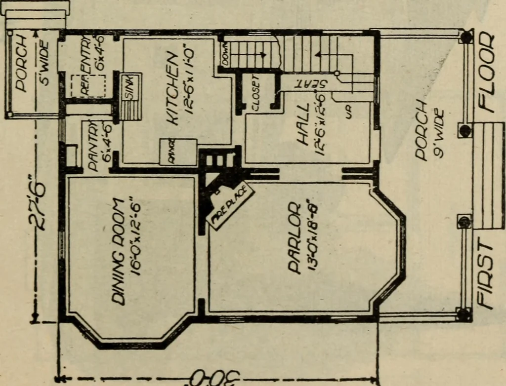 An illustration from Practical bungalows and cottages for town and country, perspective views and floor plans for three hundred low and medium priced houses and bungalows .., 1916, leaf 336