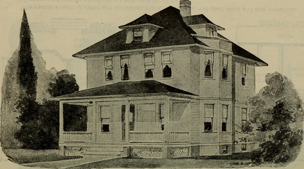 An illustration from Practical bungalows and cottages for town and country, perspective views and floor plans for three hundred low and medium priced houses and bungalows .., 1916, leaf 337