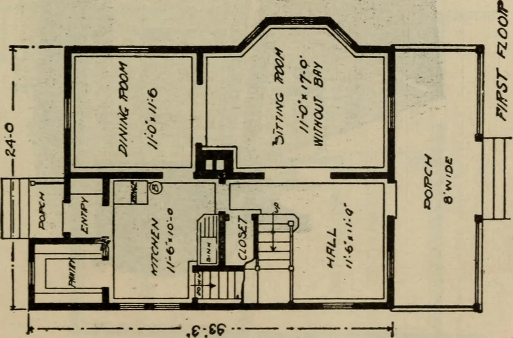 An illustration from Practical bungalows and cottages for town and country, perspective views and floor plans for three hundred low and medium priced houses and bungalows .., 1916, leaf 338