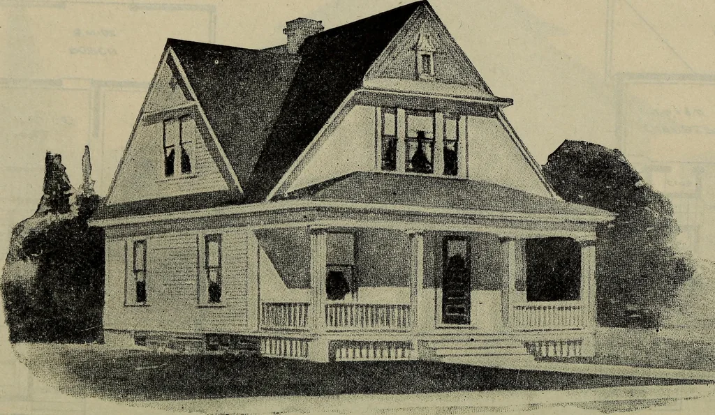 An illustration from Practical bungalows and cottages for town and country, perspective views and floor plans for three hundred low and medium priced houses and bungalows .., 1916, leaf 339