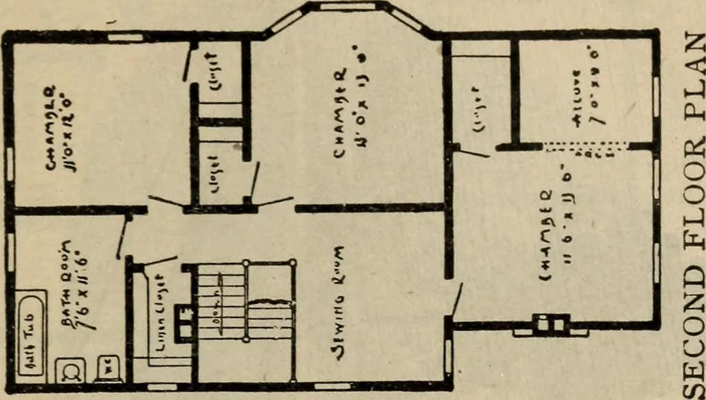 An illustration from Practical bungalows and cottages for town and country, perspective views and floor plans for three hundred low and medium priced houses and bungalows .., 1916, leaf 34