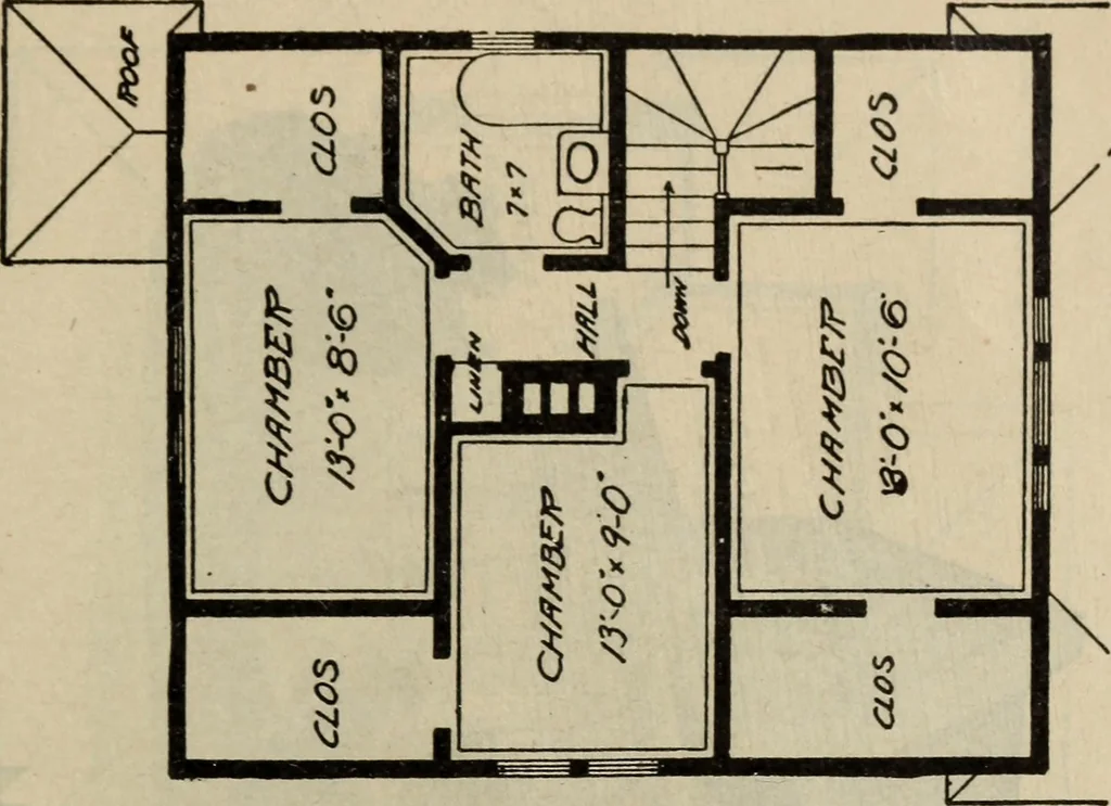 An illustration from Practical bungalows and cottages for town and country, perspective views and floor plans for three hundred low and medium priced houses and bungalows .., 1916, leaf 340