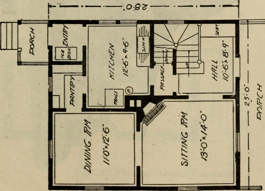 An illustration from Practical bungalows and cottages for town and country, perspective views and floor plans for three hundred low and medium priced houses and bungalows .., 1916, leaf 340