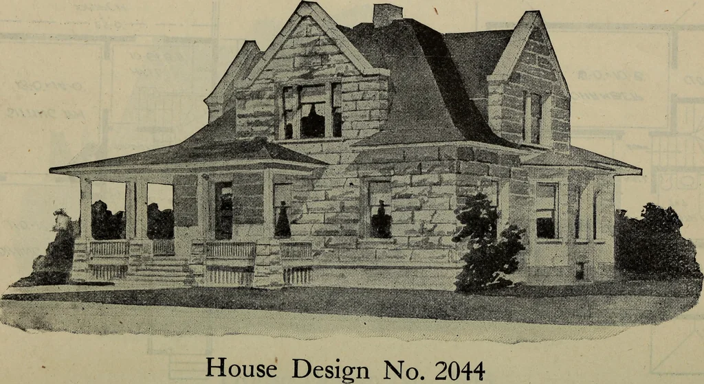 An illustration from Practical bungalows and cottages for town and country, perspective views and floor plans for three hundred low and medium priced houses and bungalows .., 1916, leaf 341