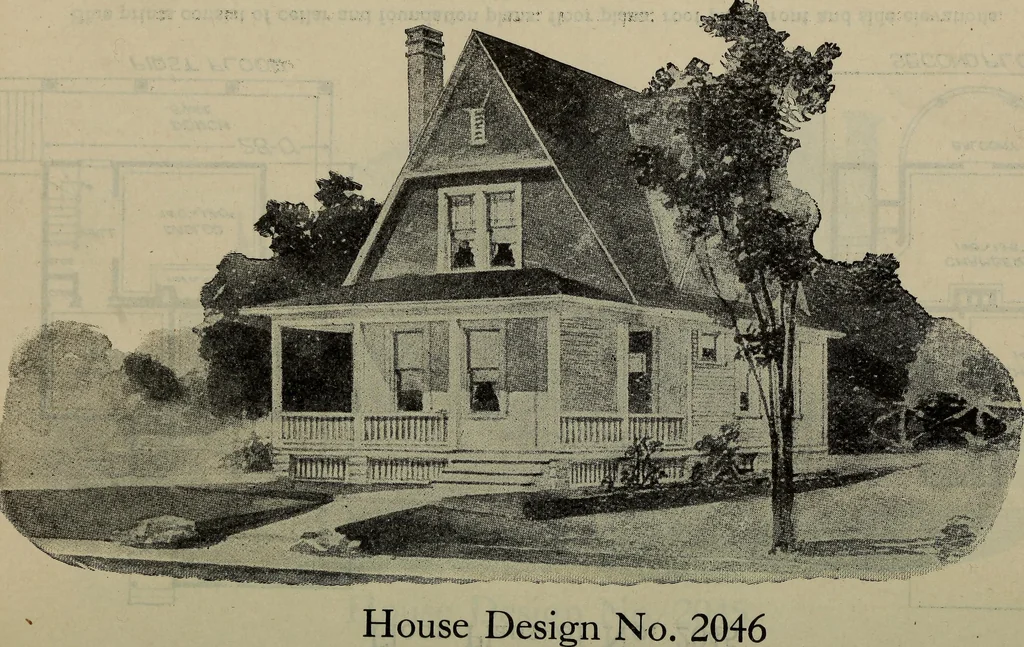 An illustration from Practical bungalows and cottages for town and country, perspective views and floor plans for three hundred low and medium priced houses and bungalows .., 1916, leaf 345