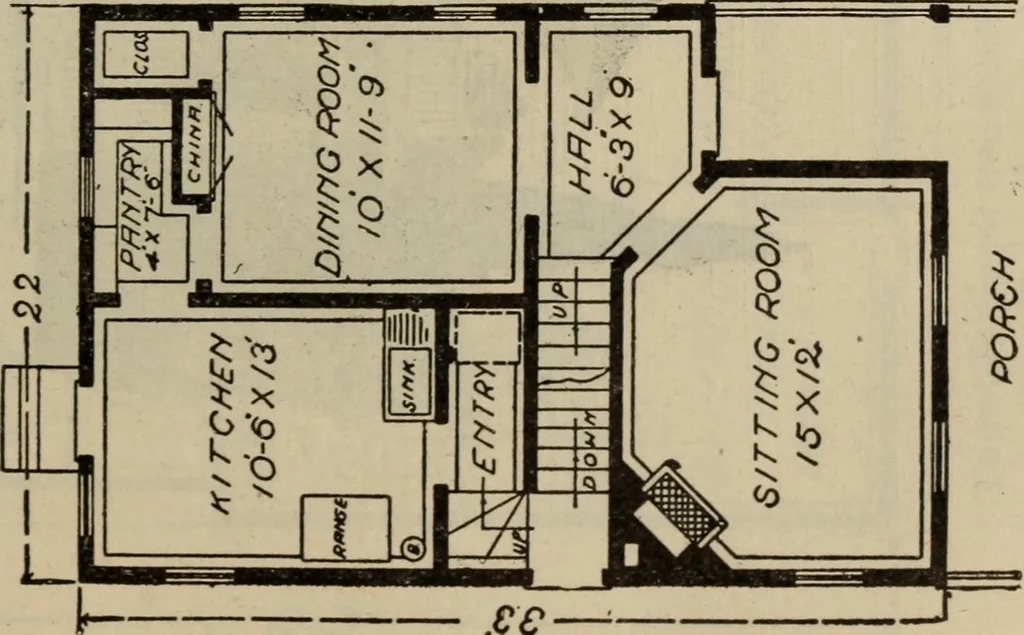 An illustration from Practical bungalows and cottages for town and country, perspective views and floor plans for three hundred low and medium priced houses and bungalows .., 1916, leaf 346