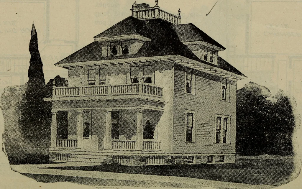 An illustration from Practical bungalows and cottages for town and country, perspective views and floor plans for three hundred low and medium priced houses and bungalows .., 1916, leaf 347
