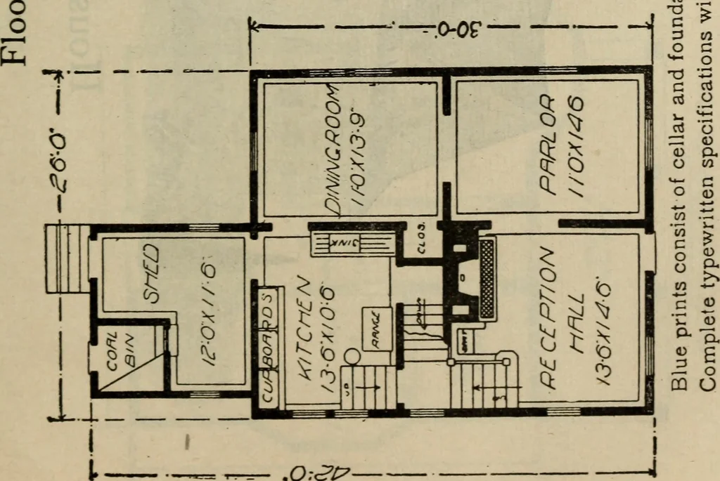An illustration from Practical bungalows and cottages for town and country, perspective views and floor plans for three hundred low and medium priced houses and bungalows .., 1916, leaf 348