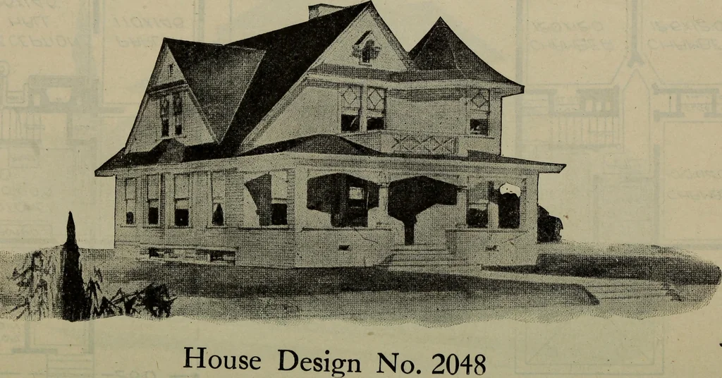 An illustration from Practical bungalows and cottages for town and country, perspective views and floor plans for three hundred low and medium priced houses and bungalows .., 1916, leaf 349