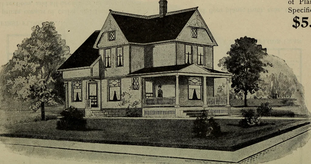 An illustration from Practical bungalows and cottages for town and country, perspective views and floor plans for three hundred low and medium priced houses and bungalows .., 1916, leaf 35