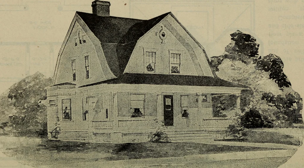 An illustration from Practical bungalows and cottages for town and country, perspective views and floor plans for three hundred low and medium priced houses and bungalows .., 1916, leaf 351
