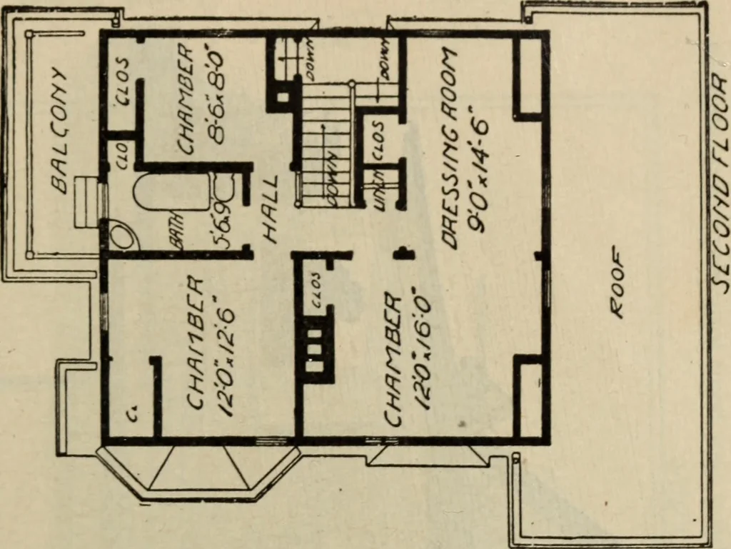 An illustration from Practical bungalows and cottages for town and country, perspective views and floor plans for three hundred low and medium priced houses and bungalows .., 1916, leaf 352