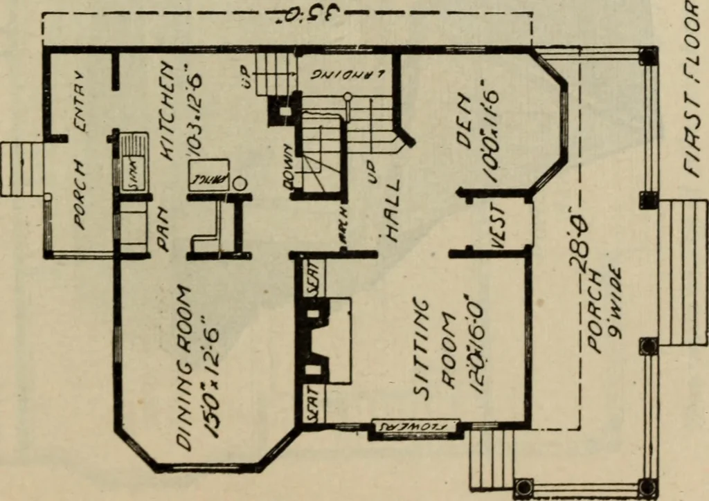 An illustration from Practical bungalows and cottages for town and country, perspective views and floor plans for three hundred low and medium priced houses and bungalows .., 1916, leaf 352
