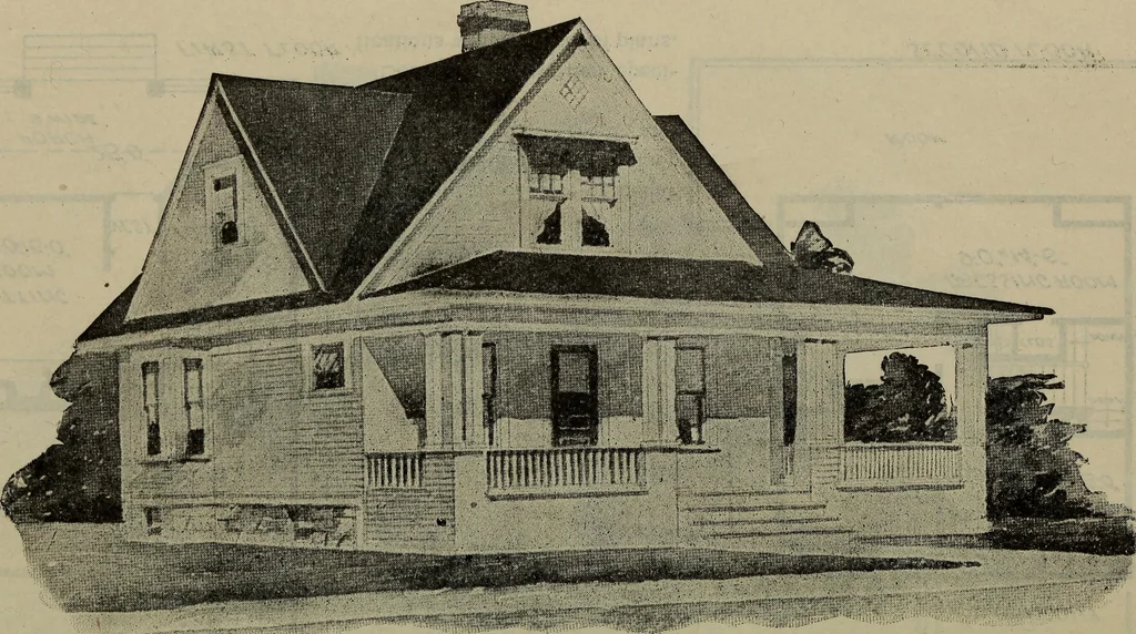 An illustration from Practical bungalows and cottages for town and country, perspective views and floor plans for three hundred low and medium priced houses and bungalows .., 1916, leaf 353