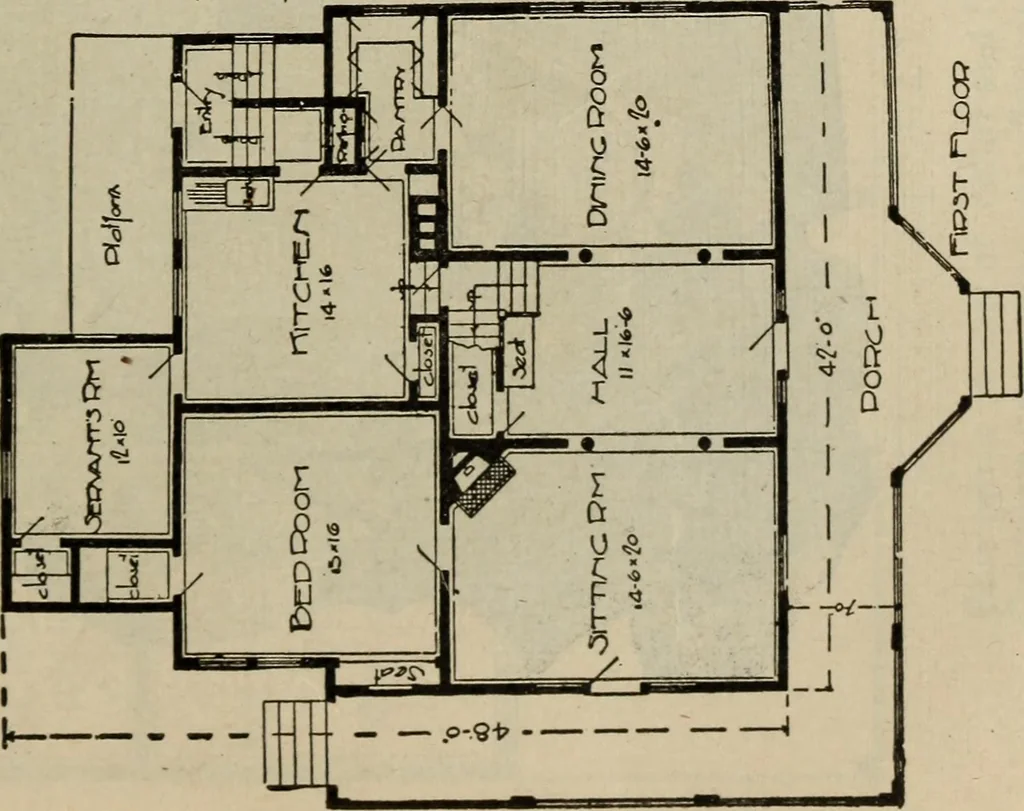 An illustration from Practical bungalows and cottages for town and country, perspective views and floor plans for three hundred low and medium priced houses and bungalows .., 1916, leaf 356