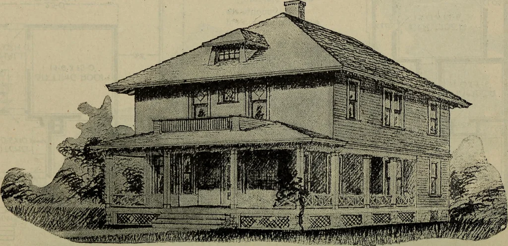 An illustration from Practical bungalows and cottages for town and country, perspective views and floor plans for three hundred low and medium priced houses and bungalows .., 1916, leaf 365