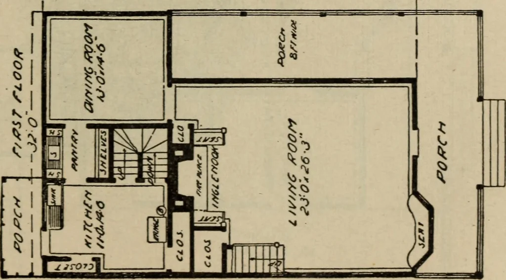 An illustration from Practical bungalows and cottages for town and country, perspective views and floor plans for three hundred low and medium priced houses and bungalows .., 1916, leaf 366