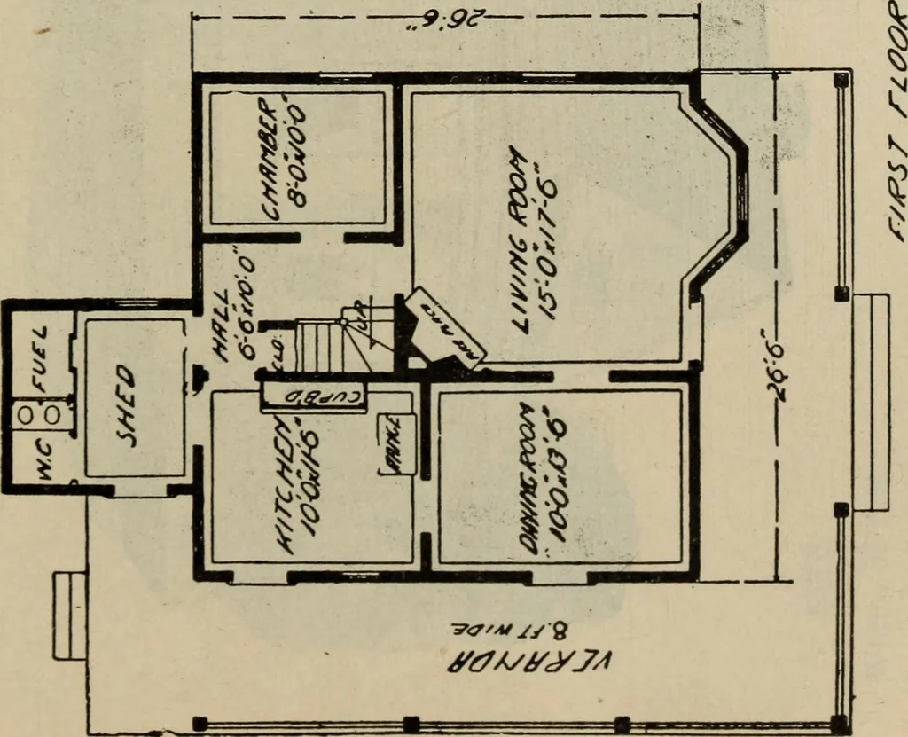 An illustration from Practical bungalows and cottages for town and country, perspective views and floor plans for three hundred low and medium priced houses and bungalows .., 1916, leaf 368