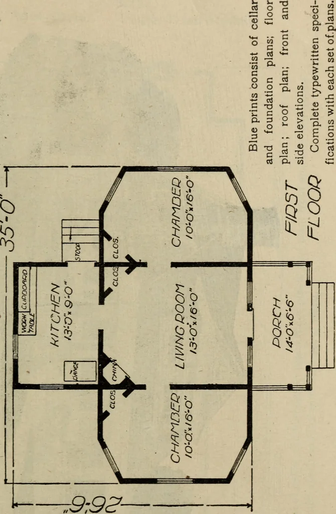 An illustration from Practical bungalows and cottages for town and country, perspective views and floor plans for three hundred low and medium priced houses and bungalows .., 1916, leaf 370