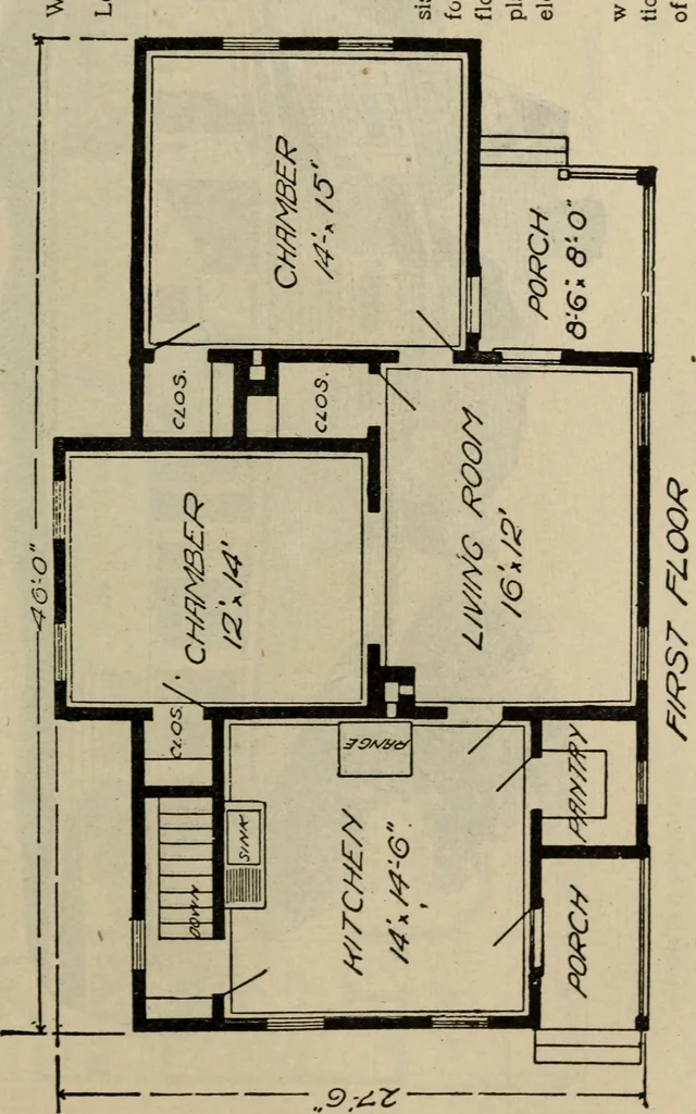 An illustration from Practical bungalows and cottages for town and country, perspective views and floor plans for three hundred low and medium priced houses and bungalows .., 1916, leaf 378